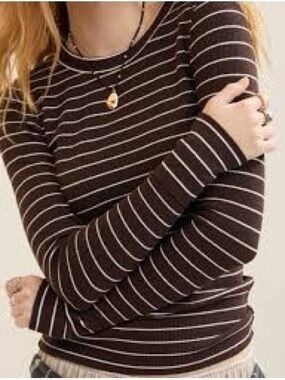 Aerie Brown and White Striped Long Sleeve Laying Tee, Size XL, NWT